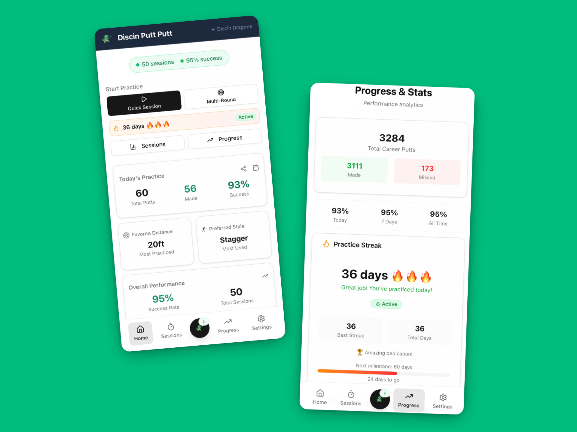 Discin Putt Putt App Screenshots showing progress tracking and statistics